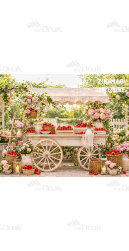 Tło fotograficzne „Romantyczny ogród z truskawkowym straganem i kwiatami” | 4013